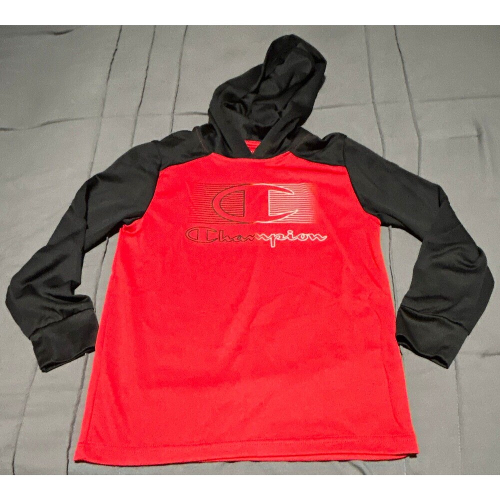 Champion Red/Black Colorblock Fleece Logo Pullover Hoodie Boys Size 7-8Y